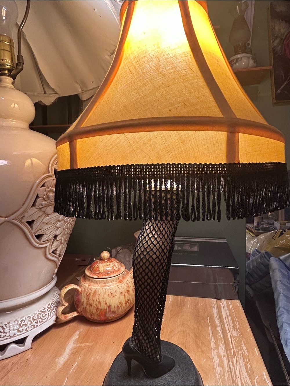 Vintage-Inspired Christmas Story Fishnet Leg Table Lamp with Gold Shade